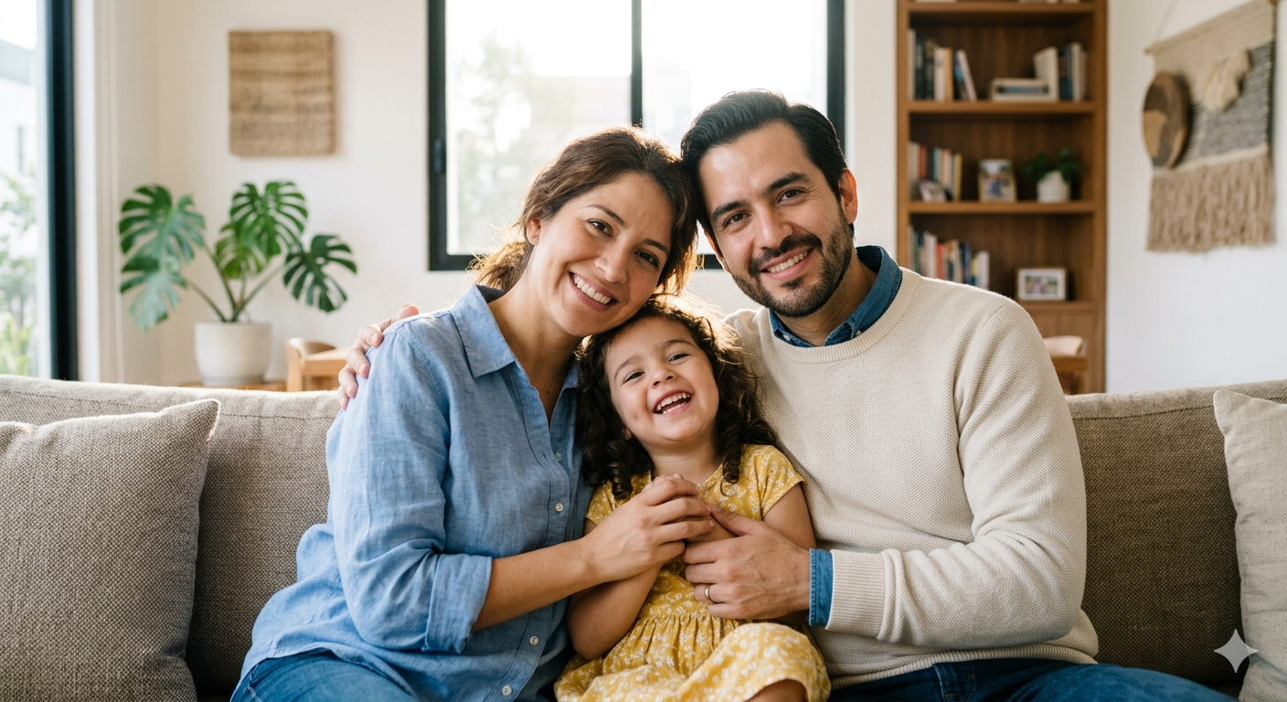 Familia feliz protegida con seguro de gastos médicos mayores